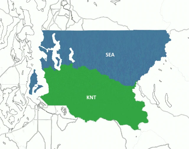 A map of King county showing divisions into Seattle and Kent courthouses.